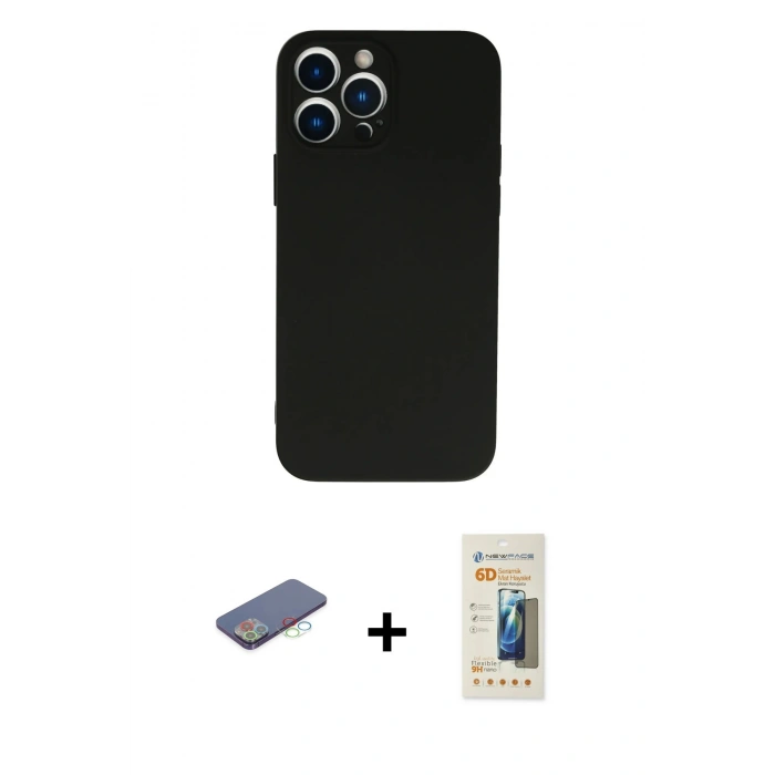 MARSİLYAN™- iPhone 13 Pro Max Kılıf Ahenk Serisi - Siyah 6D Mat Seramik Hayalet Nano Ekran Koruyucu + Renkli Kamera Lens Koruma Cam - MI