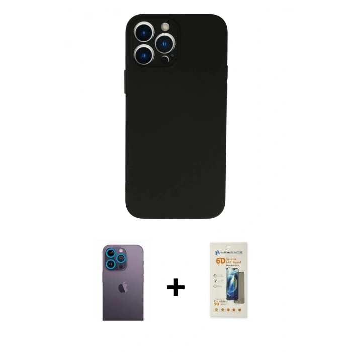 MARSİLYAN™- iPhone 13 Pro Max Kılıf Ahenk Serisi - Siyah 6D Mat Seramik Hayalet Nano Ekran Koruyucu + Mavi Neon Fosforlu Kamera Lens