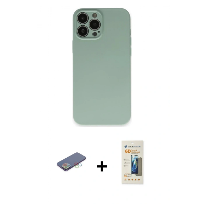 MARSİLYAN™- iPhone 13 Pro Max Kılıf Ahenk Serisi - Siyah 6D Mat Seramik Hayalet Nano Ekran Koruyucu + Renkli Kamera Lens Koruma Cam - MI