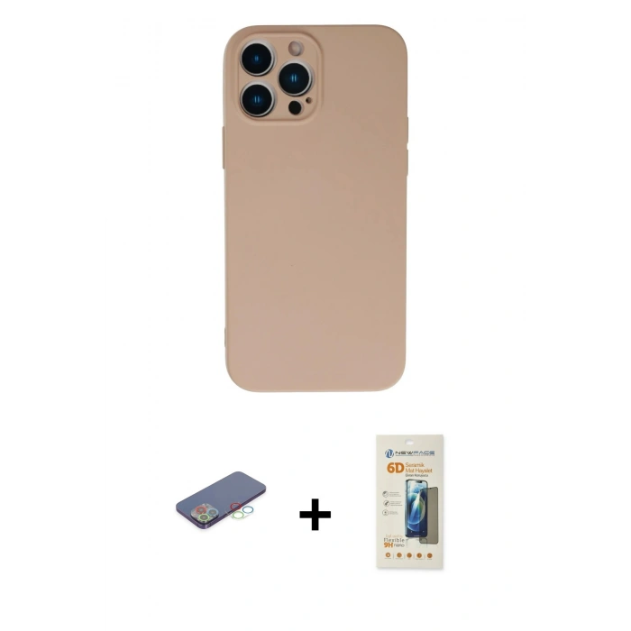 MARSİLYAN™- iPhone 13 Pro Max Kılıf Ahenk Serisi - Siyah 6D Mat Seramik Hayalet Nano Ekran Koruyucu + Renkli Kamera Lens Koruma Cam - MI