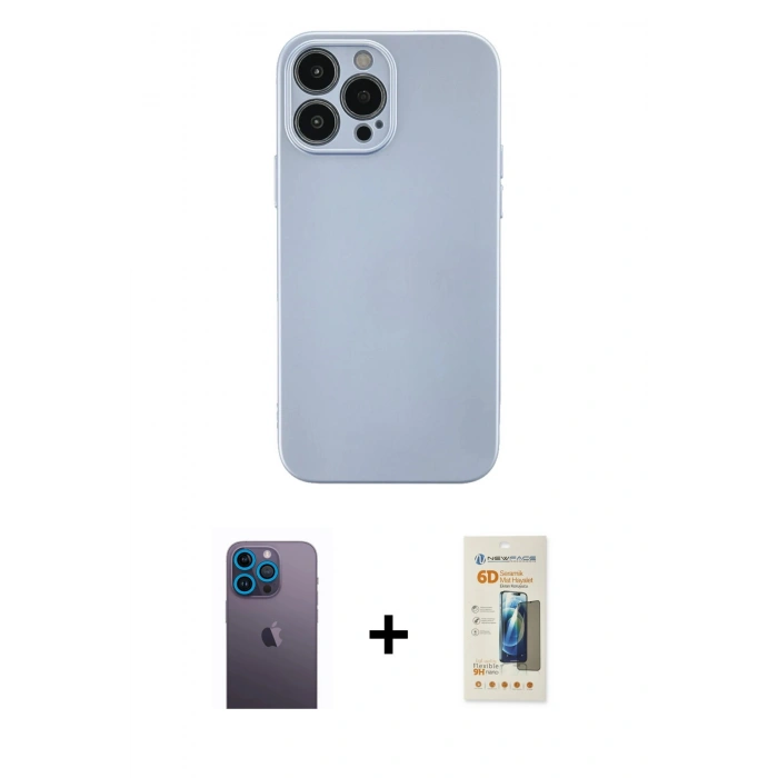 MARSİLYAN™- iPhone 13 Pro Max Kılıf Ahenk Serisi - Siyah 6D Mat Seramik Hayalet Nano Ekran Koruyucu + Mavi Neon Fosforlu Kamera Lens