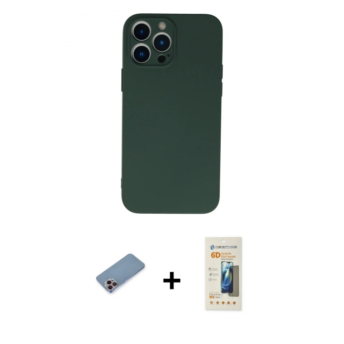 MARSİLYAN™- iPhone 13 Pro Max Kılıf Ahenk Serisi - Siyah 6D Mat Seramik Hayalet Nano Ekran Koruyucu + Pembe Shine Kamera Lens Koruma Cam