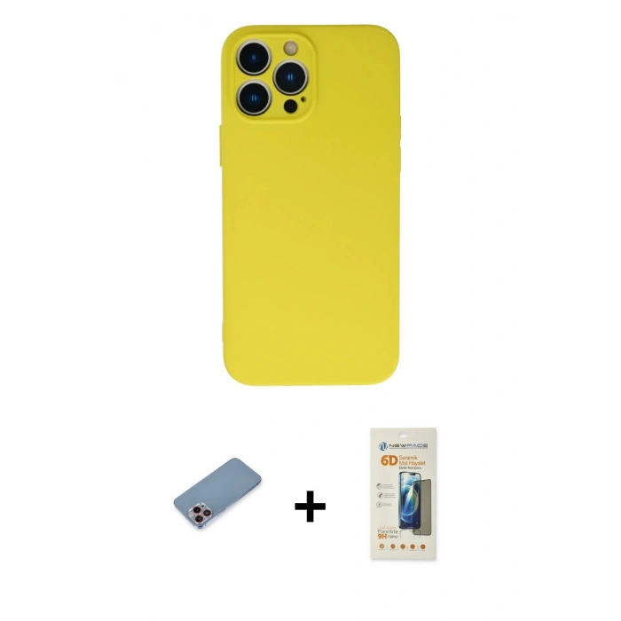 MARSİLYAN™- iPhone 13 Pro Max Kılıf Ahenk Serisi - Siyah 6D Mat Seramik Hayalet Nano Ekran Koruyucu + Pembe Shine Kamera Lens Koruma Cam