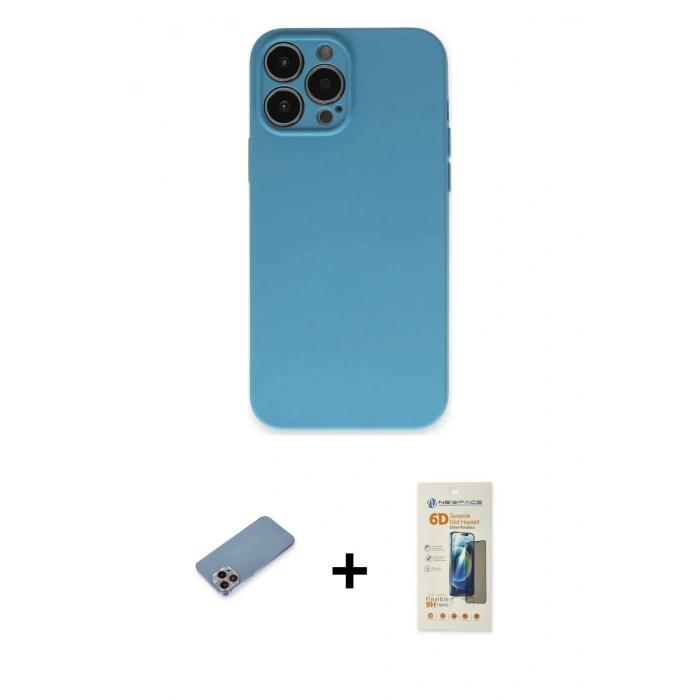 MARSİLYAN™- iPhone 13 Pro Max Kılıf Ahenk Serisi - Siyah 6D Mat Seramik Hayalet Nano Ekran Koruyucu + Pembe Shine Kamera Lens Koruma Cam