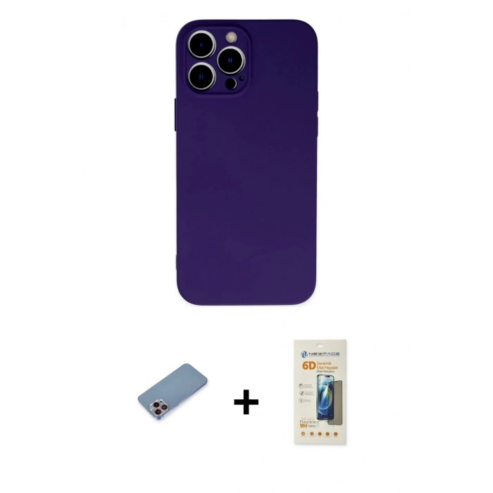 MARSİLYAN™- iPhone 13 Pro Max Kılıf Ahenk Serisi - Siyah 6D Mat Seramik Hayalet Nano Ekran Koruyucu + Pembe Shine Kamera Lens Koruma Cam