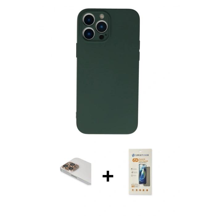 MARSİLYAN™- iPhone 13 Pro Max Kılıf Ahenk Serisi - Siyah 6D Mat Seramik Hayalet Nano Ekran Koruyucu + Pers Alüminyum Kamera Lens - GD