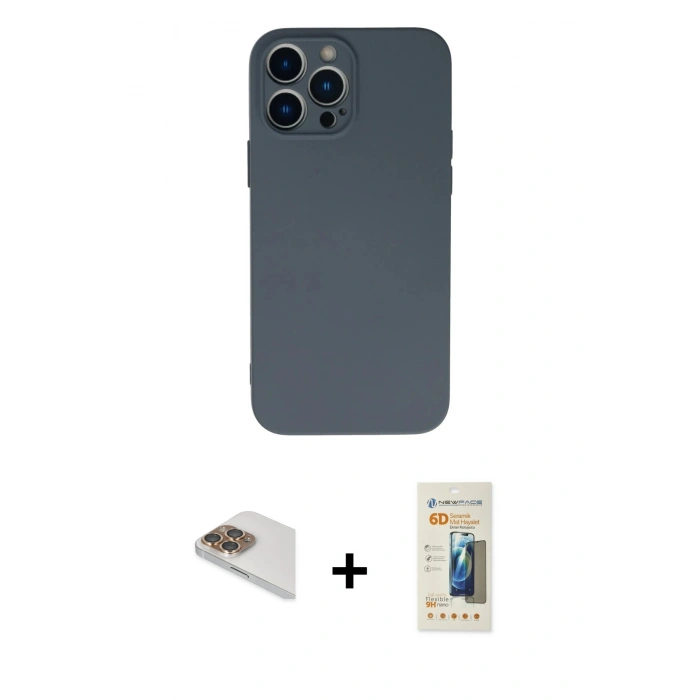 MARSİLYAN™- iPhone 13 Pro Max Kılıf Ahenk Serisi - Siyah 6D Mat Seramik Hayalet Nano Ekran Koruyucu + Pers Alüminyum Kamera Lens - GD
