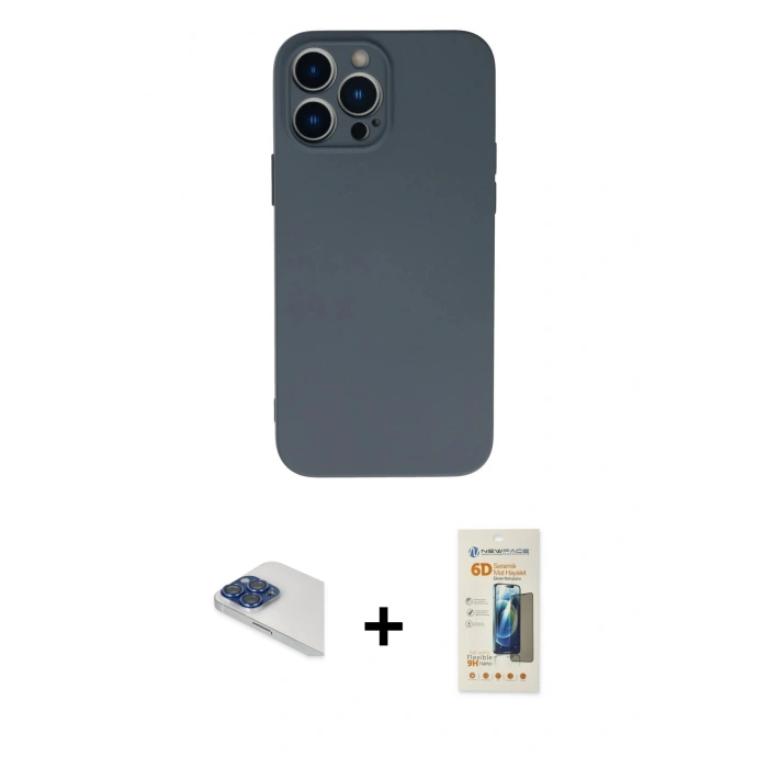 MARSİLYAN™- iPhone 13 Pro Max Kılıf Ahenk Serisi - Siyah 6D Mat Seramik Hayalet Nano Ekran Koruyucu + Pers Alüminyum Kamera Lens - LT