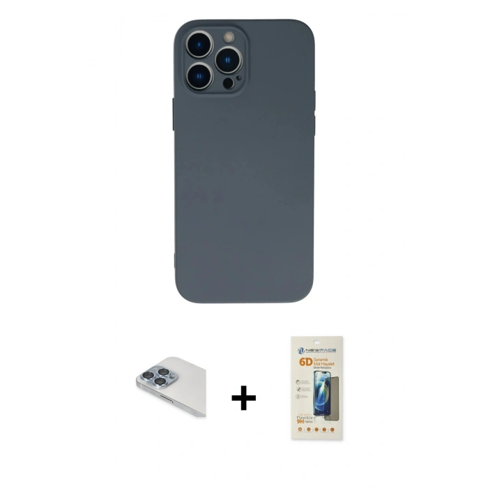 MARSİLYAN™- iPhone 13 Pro Max Kılıf Ahenk Serisi - Siyah 6D Mat Seramik Hayalet Nano Ekran Koruyucu + Pers Alüminyum Kamera Lens - SABE