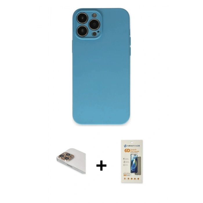 MARSİLYAN™- iPhone 13 Pro Max Kılıf Ahenk Serisi - Siyah 6D Mat Seramik Hayalet Nano Ekran Koruyucu + Pers Alüminyum Kamera Lens - GD