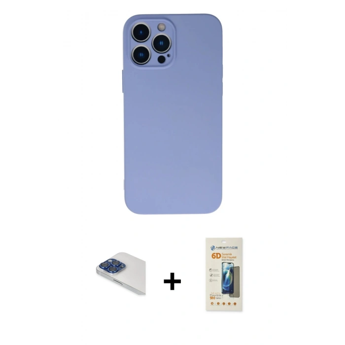 MARSİLYAN™- iPhone 13 Pro Max Kılıf Ahenk Serisi - Siyah 6D Mat Seramik Hayalet Nano Ekran Koruyucu + Pers Alüminyum Kamera Lens - LT