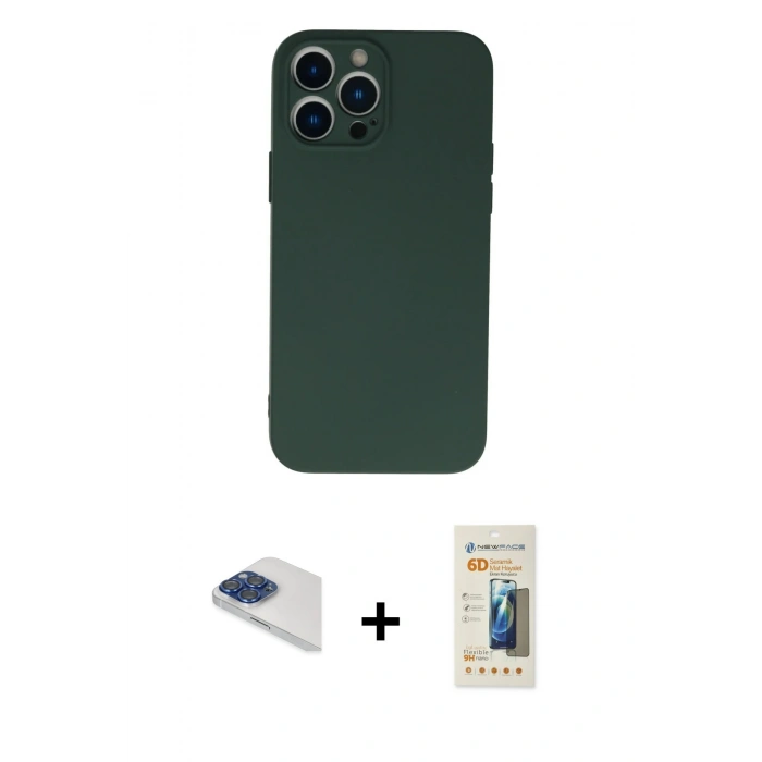 MARSİLYAN™- iPhone 13 Pro Max Kılıf Ahenk Serisi - Siyah 6D Mat Seramik Hayalet Nano Ekran Koruyucu + Pers Alüminyum Kamera Lens - LT