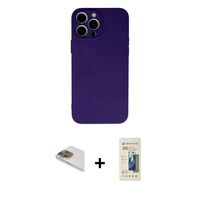 MARSİLYAN™- iPhone 13 Pro Max Kılıf Ahenk Serisi - Siyah 6D Mat Seramik Hayalet Nano Ekran Koruyucu + Pers Alüminyum Kamera Lens - GD