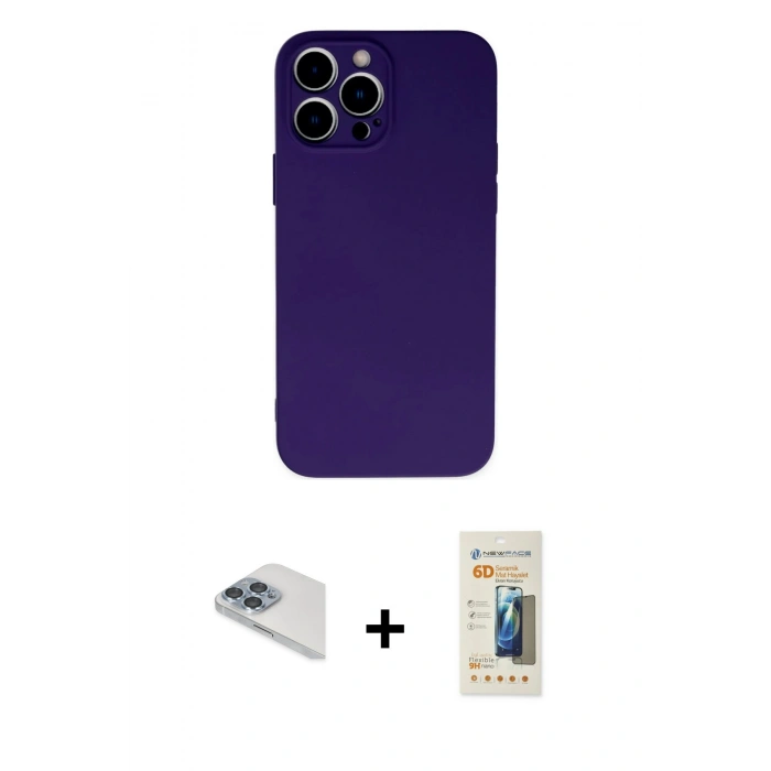MARSİLYAN™- iPhone 13 Pro Max Kılıf Ahenk Serisi - Siyah 6D Mat Seramik Hayalet Nano Ekran Koruyucu + Pers Alüminyum Kamera Lens - SABE