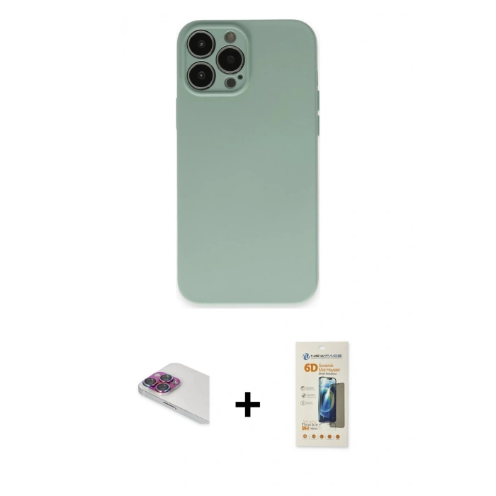 MARSİLYAN™- iPhone 13 Pro Max Kılıf Ahenk Serisi - Siyah 6D Mat Seramik Hayalet Nano Ekran Koruyucu + Pers Alüminyum Kamera Lens - GI