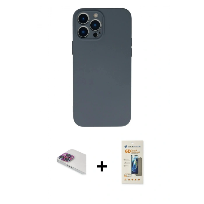 MARSİLYAN™- iPhone 13 Pro Max Kılıf Ahenk Serisi - Siyah 6D Mat Seramik Hayalet Nano Ekran Koruyucu + Pers Alüminyum Kamera Lens - GI