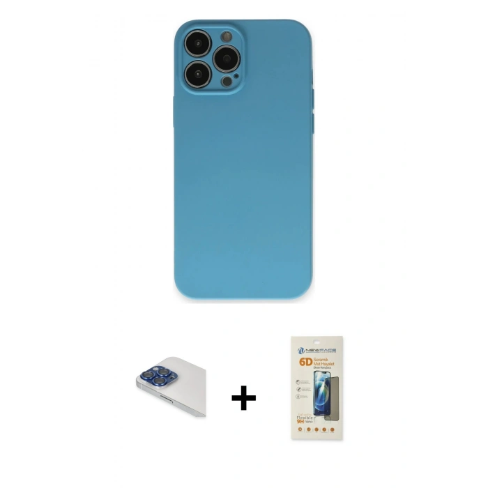 MARSİLYAN™- iPhone 13 Pro Max Kılıf Ahenk Serisi - Siyah 6D Mat Seramik Hayalet Nano Ekran Koruyucu + Pers Alüminyum Kamera Lens - LT