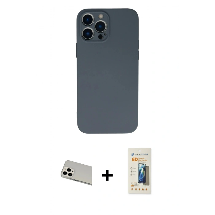 MARSİLYAN™- iPhone 13 Pro Max Kılıf Ahenk Serisi - Siyah 6D Mat Seramik Hayalet Nano Ekran Koruyucu + Rainbow Kamera Lens Koruma Cam - BZ