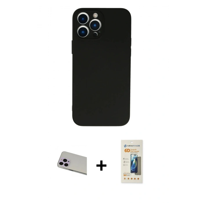 MARSİLYAN™- iPhone 13 Pro Max Kılıf Ahenk Serisi - Siyah 6D Mat Seramik Hayalet Nano Ekran Koruyucu + Rainbow Kamera Lens Koruma Cam - MR