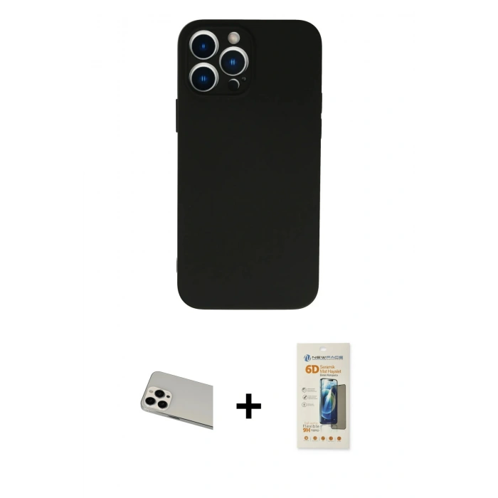 MARSİLYAN™- iPhone 13 Pro Max Kılıf Ahenk Serisi - Siyah 6D Mat Seramik Hayalet Nano Ekran Koruyucu + Rainbow Kamera Lens Koruma Cam - BZ