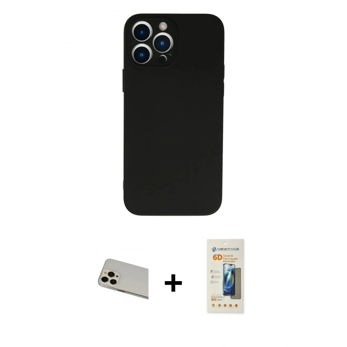 MARSİLYAN™- iPhone 13 Pro Max Kılıf Ahenk Serisi - Siyah 6D Mat Seramik Hayalet Nano Ekran Koruyucu + Rainbow Kamera Lens Koruma Cam - REGD