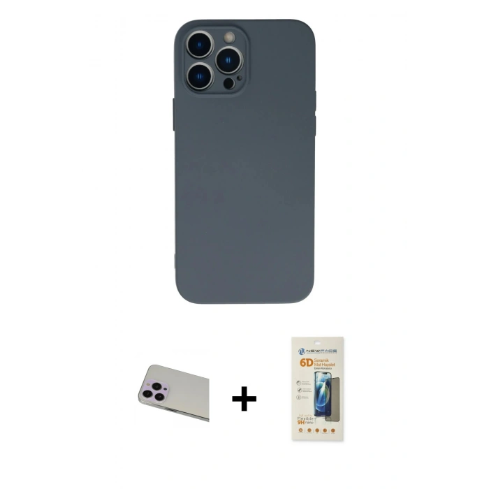 MARSİLYAN™- iPhone 13 Pro Max Kılıf Ahenk Serisi - Siyah 6D Mat Seramik Hayalet Nano Ekran Koruyucu + Rainbow Kamera Lens Koruma Cam - MR
