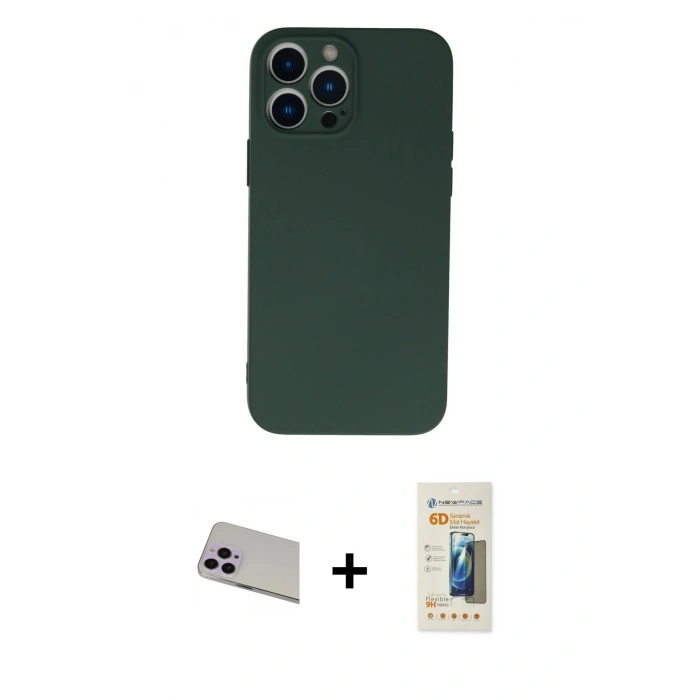 MARSİLYAN™- iPhone 13 Pro Max Kılıf Ahenk Serisi - Siyah 6D Mat Seramik Hayalet Nano Ekran Koruyucu + Rainbow Kamera Lens Koruma Cam - MR