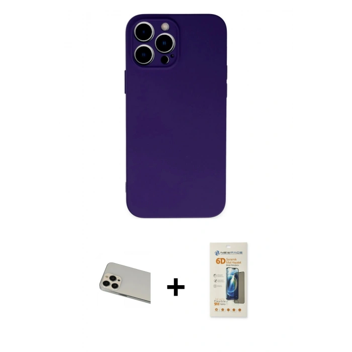 MARSİLYAN™- iPhone 13 Pro Max Kılıf Ahenk Serisi - Siyah 6D Mat Seramik Hayalet Nano Ekran Koruyucu + Rainbow Kamera Lens Koruma Cam - REGD