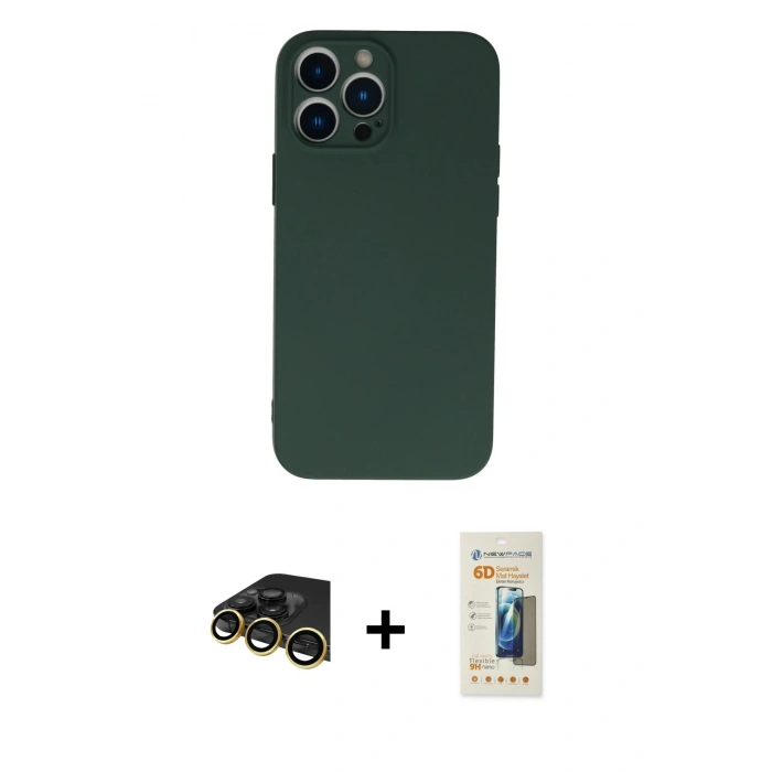 MARSİLYAN™- iPhone 13 Pro Max Kılıf Ahenk Serisi - Siyah 6D Mat Seramik Hayalet Nano Ekran Koruyucu + Raze Metal Kamera Lens - GD