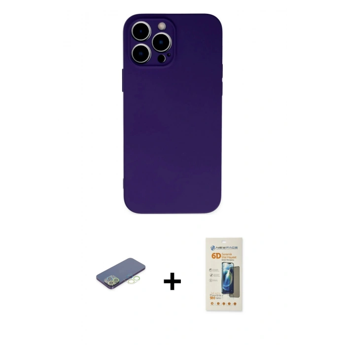 MARSİLYAN™- iPhone 13 Pro Max Kılıf Ahenk Serisi - Siyah 6D Mat Seramik Hayalet Nano Ekran Koruyucu + Renkli Kamera Lens Koruma Cam - YL