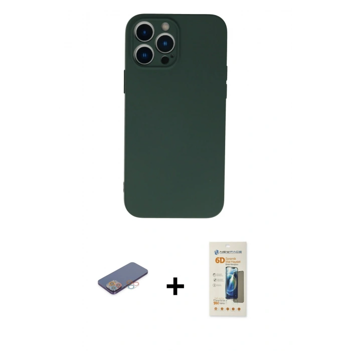 MARSİLYAN™- iPhone 13 Pro Max Kılıf Ahenk Serisi - Siyah 6D Mat Seramik Hayalet Nano Ekran Koruyucu + Renkli Kamera Lens Koruma Cam - PE