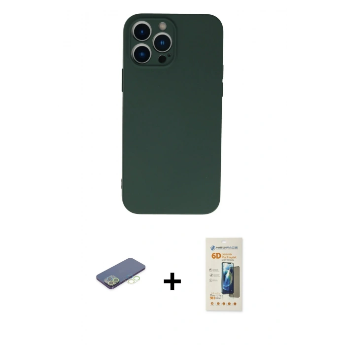 MARSİLYAN™- iPhone 13 Pro Max Kılıf Ahenk Serisi - Siyah 6D Mat Seramik Hayalet Nano Ekran Koruyucu + Renkli Kamera Lens Koruma Cam - YL