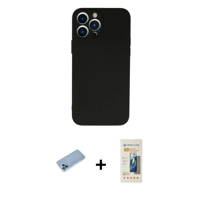 MARSİLYAN™- iPhone 13 Pro Max Kılıf Ahenk Serisi - Siyah 6D Mat Seramik Hayalet Nano Ekran Koruyucu + Shine Kamera Lens Koruma Cam - MI