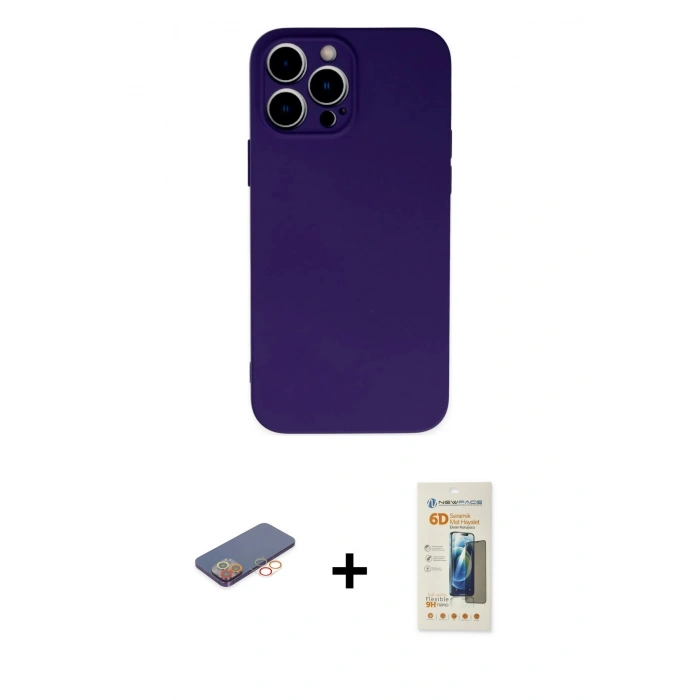 MARSİLYAN™- iPhone 13 Pro Max Kılıf Ahenk Serisi - Siyah 6D Mat Seramik Hayalet Nano Ekran Koruyucu + Renkli Kamera Lens Koruma Cam - TU