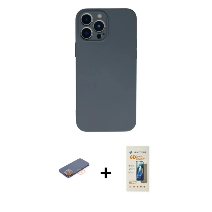 MARSİLYAN™- iPhone 13 Pro Max Kılıf Ahenk Serisi - Siyah 6D Mat Seramik Hayalet Nano Ekran Koruyucu + Renkli Kamera Lens Koruma Cam - TU