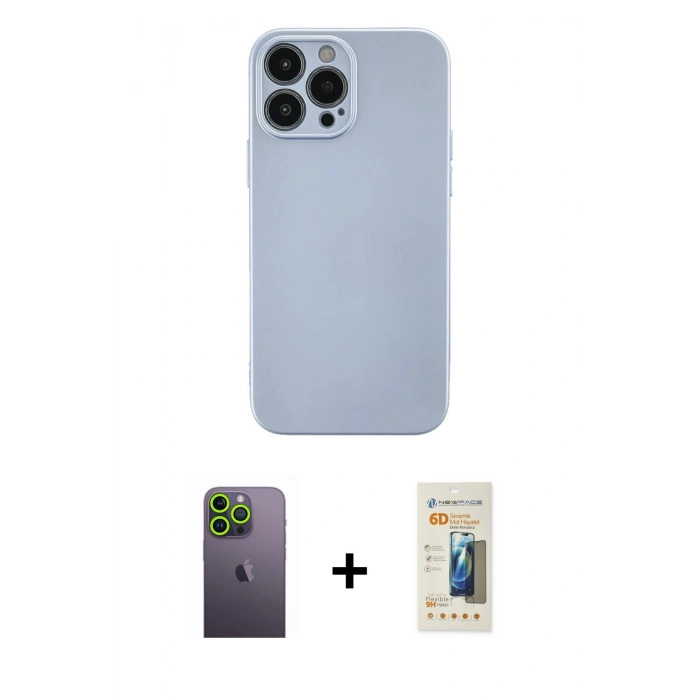 MARSİLYAN™- iPhone 13 Pro Max Kılıf Ahenk Serisi - Siyah 6D Mat Seramik Hayalet Nano Ekran Koruyucu + Neon Fosforlu Kamera Lens - YL