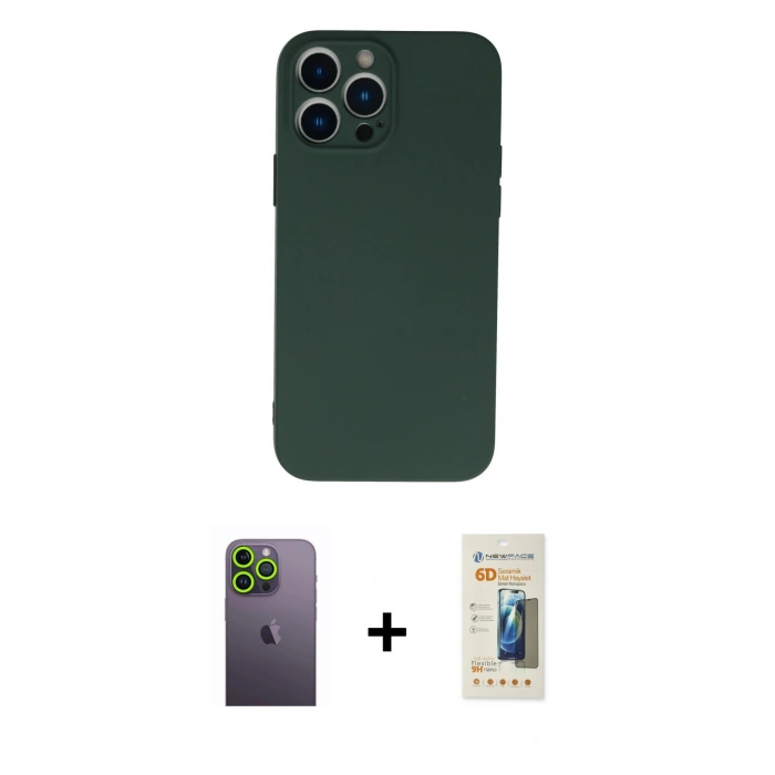 MARSİLYAN™- iPhone 13 Pro Max Kılıf Ahenk Serisi - Siyah 6D Mat Seramik Hayalet Nano Ekran Koruyucu + Neon Fosforlu Kamera Lens - YL