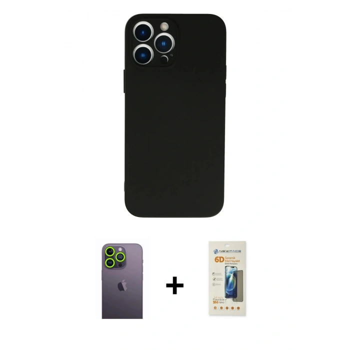 MARSİLYAN™- iPhone 13 Pro Max Kılıf Ahenk Serisi - Siyah 6D Mat Seramik Hayalet Nano Ekran Koruyucu + Neon Fosforlu Kamera Lens - YL