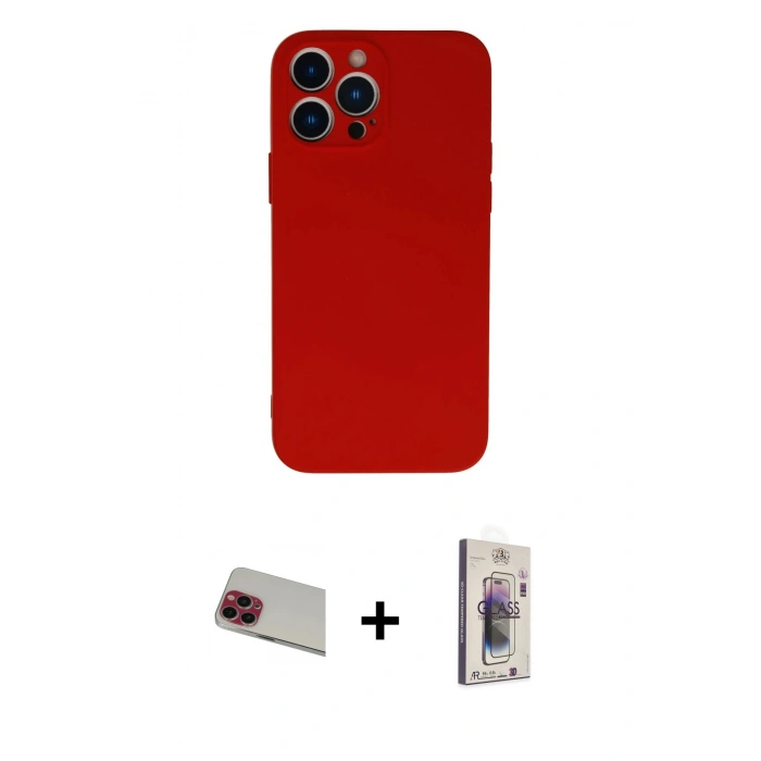 MARSİLYAN™- iPhone 13 Pro Max Kılıf Ahenk Serisi - Siyah Bilvis 3D Cam Ekran Koruyucu + Kırmızı Rainbow Kamera Lens Koruma Cam
