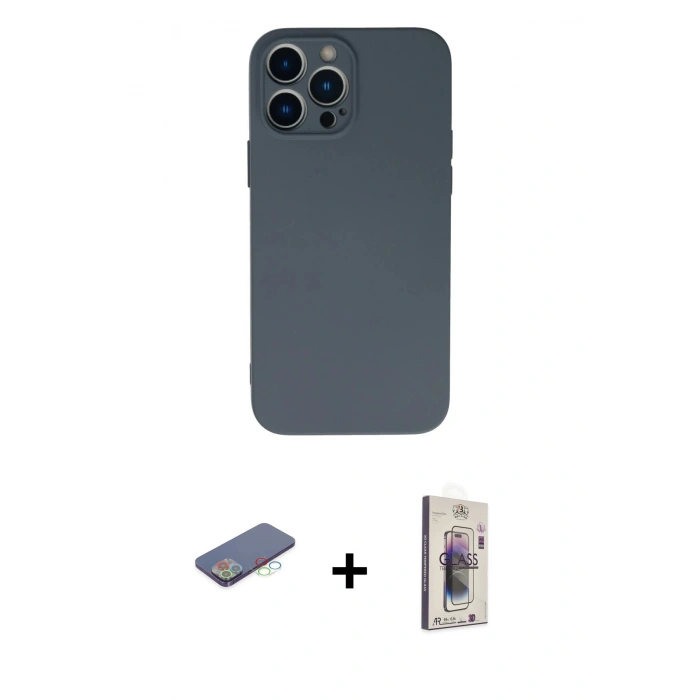 MARSİLYAN™- iPhone 13 Pro Max Kılıf Ahenk Serisi - Siyah Bilvis 3D Cam Ekran Koruyucu + Renkli Kamera Lens Koruma Cam - MI