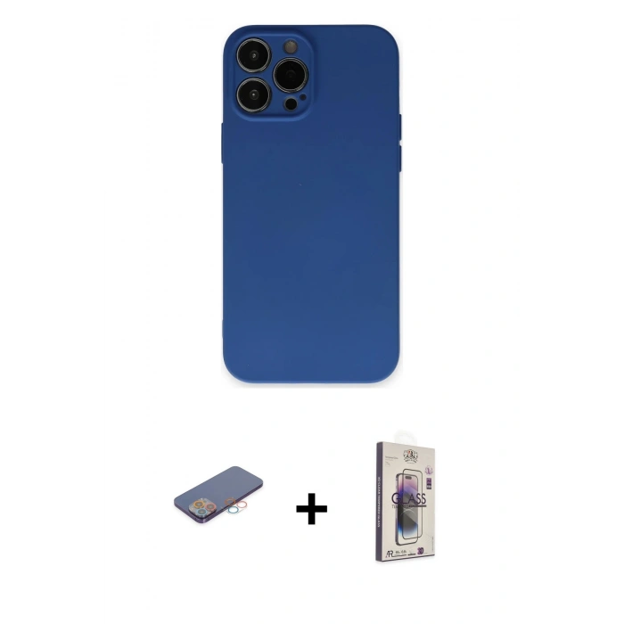 MARSİLYAN™- iPhone 13 Pro Max Kılıf Ahenk Serisi - Siyah Bilvis 3D Cam Ekran Koruyucu + Renkli Kamera Lens Koruma Cam - PE