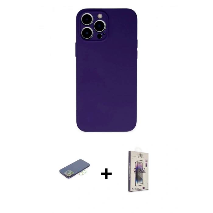 MARSİLYAN™- iPhone 13 Pro Max Kılıf Ahenk Serisi - Siyah Bilvis 3D Cam Ekran Koruyucu + Renkli Kamera Lens Koruma Cam - YL