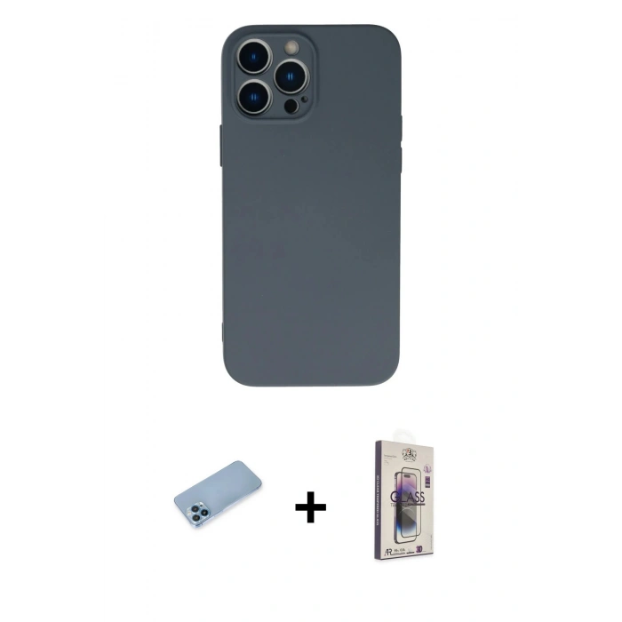 MARSİLYAN™- iPhone 13 Pro Max Kılıf Ahenk Serisi - Siyah Bilvis 3D Cam Ekran Koruyucu + Shine Kamera Lens Koruma Cam - MI