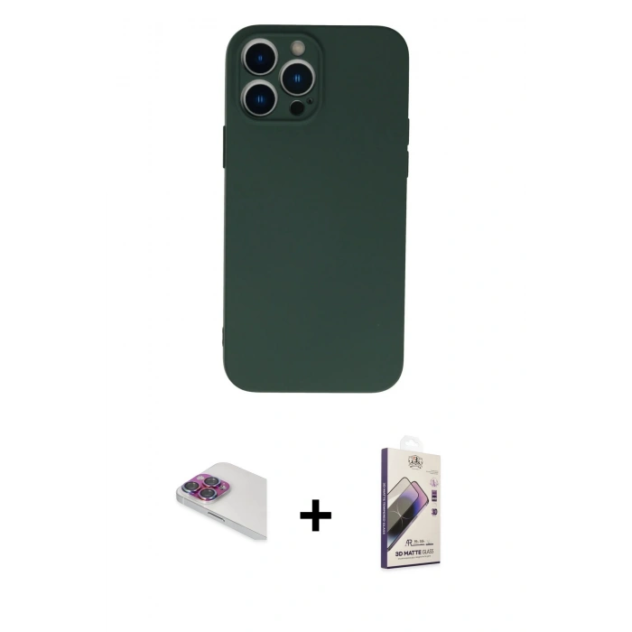MARSİLYAN™- iPhone 13 Pro Max Kılıf Ahenk Serisi - Siyah Bilvis 3D Mat Cam Ekran Koruyucu + Gökkuşağı Pers Alüminyum Kamera Lens