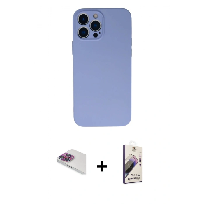 MARSİLYAN™- iPhone 13 Pro Max Kılıf Ahenk Serisi - Siyah Bilvis 3D Mat Cam Ekran Koruyucu + Gökkuşağı Pers Alüminyum Kamera Lens