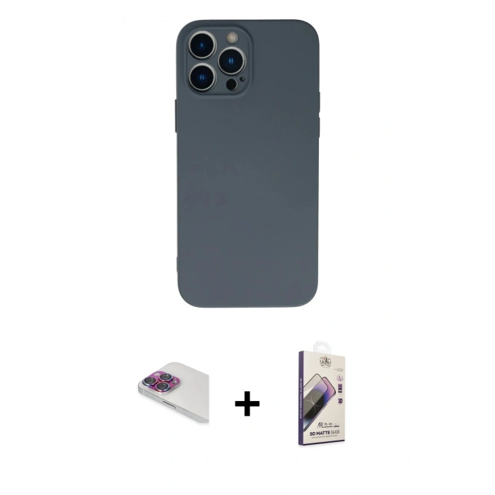 MARSİLYAN™- iPhone 13 Pro Max Kılıf Ahenk Serisi - Siyah Bilvis 3D Mat Cam Ekran Koruyucu + Gökkuşağı Pers Alüminyum Kamera Lens