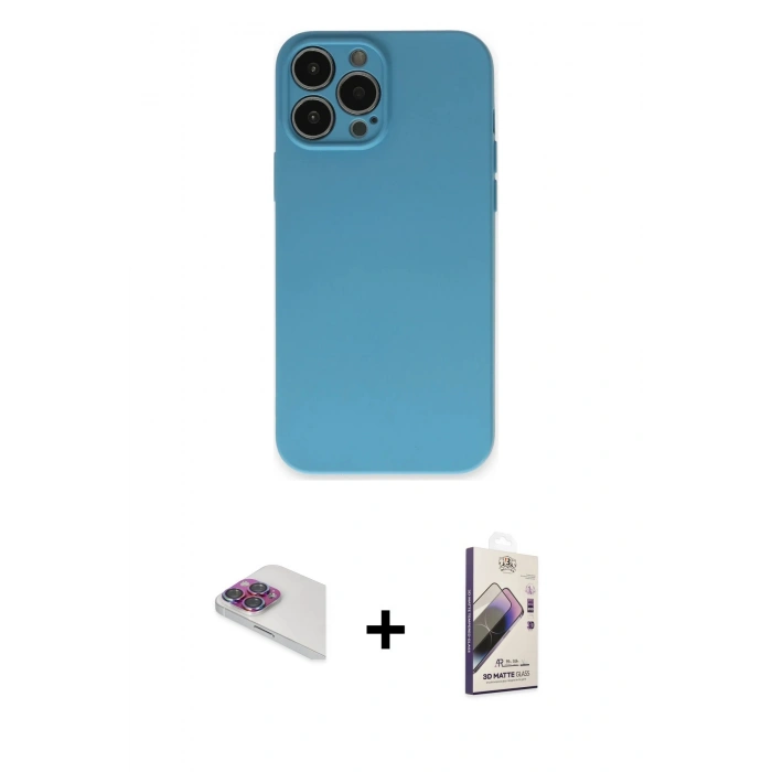 MARSİLYAN™- iPhone 13 Pro Max Kılıf Ahenk Serisi - Siyah Bilvis 3D Mat Cam Ekran Koruyucu + Gökkuşağı Pers Alüminyum Kamera Lens