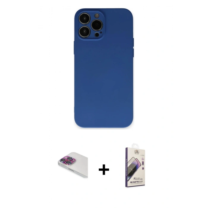 MARSİLYAN™- iPhone 13 Pro Max Kılıf Ahenk Serisi - Siyah Bilvis 3D Mat Cam Ekran Koruyucu + Gökkuşağı Pers Alüminyum Kamera Lens