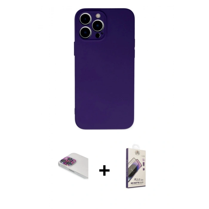 MARSİLYAN™- iPhone 13 Pro Max Kılıf Ahenk Serisi - Siyah Bilvis 3D Mat Cam Ekran Koruyucu + Gökkuşağı Pers Alüminyum Kamera Lens