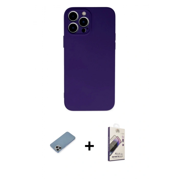 MARSİLYAN™- iPhone 13 Pro Max Kılıf Ahenk Serisi - Siyah Bilvis 3D Mat Cam Ekran Koruyucu + Shine Kamera Lens Koruma Cam - GI